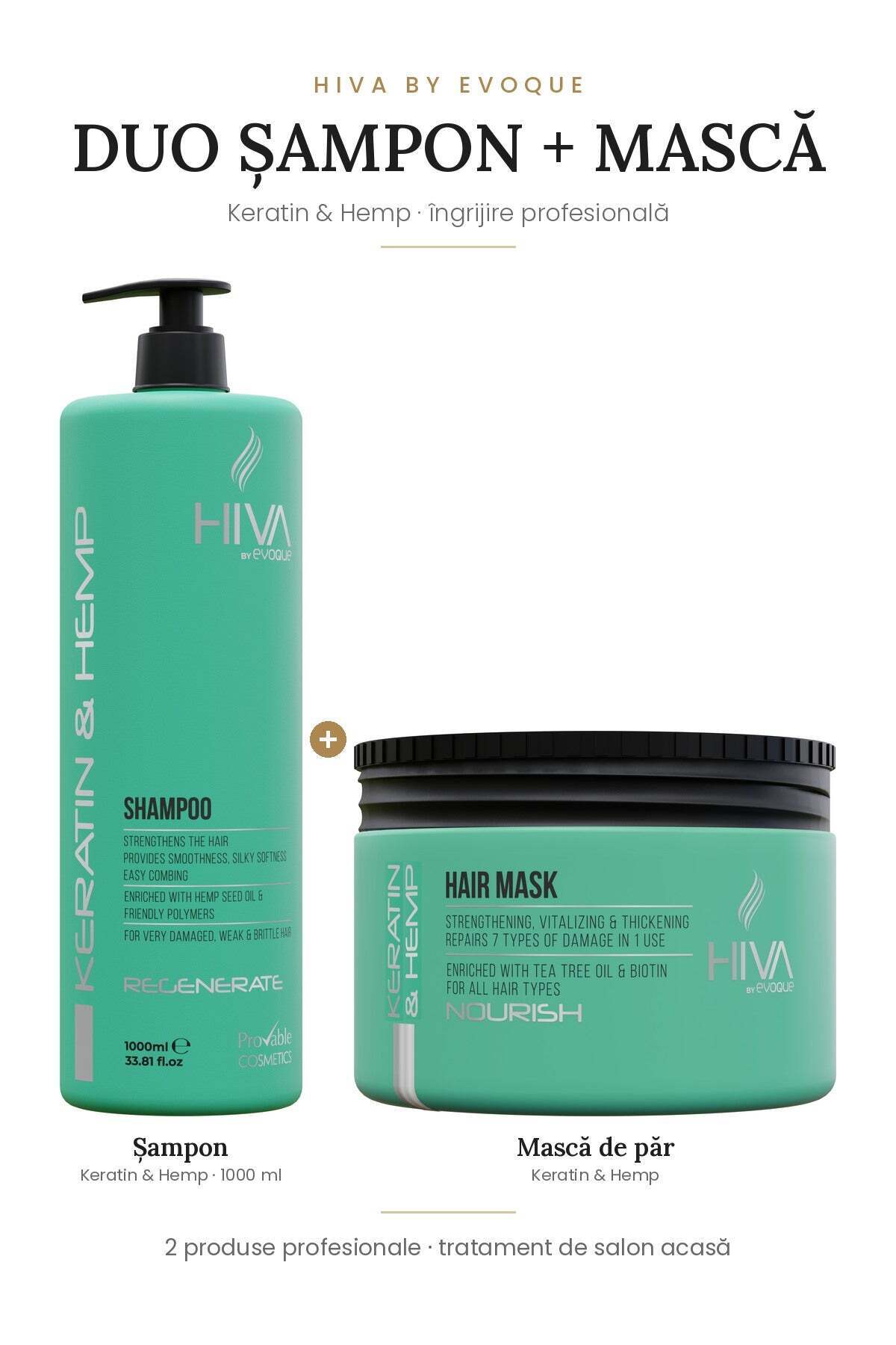 Șampon profesional HIVA Keratin & Hemp, 1000 ml