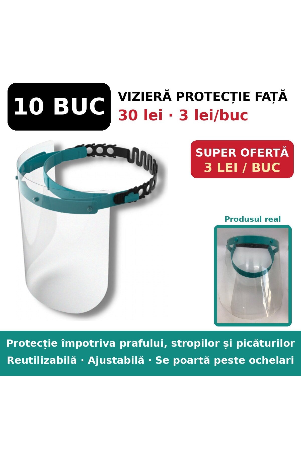 Vizieră de protecție transparentă, reutilizabilă, reglabilă
