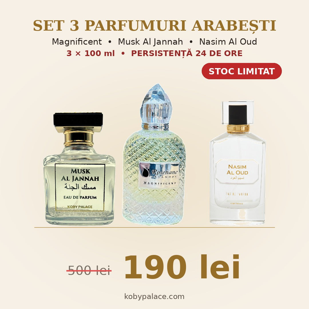 Set 3 parfumuri arabești – Magnificent, Musk Al Jannah, Nasim Al Oud – persistență 24 de ore – 190 lei