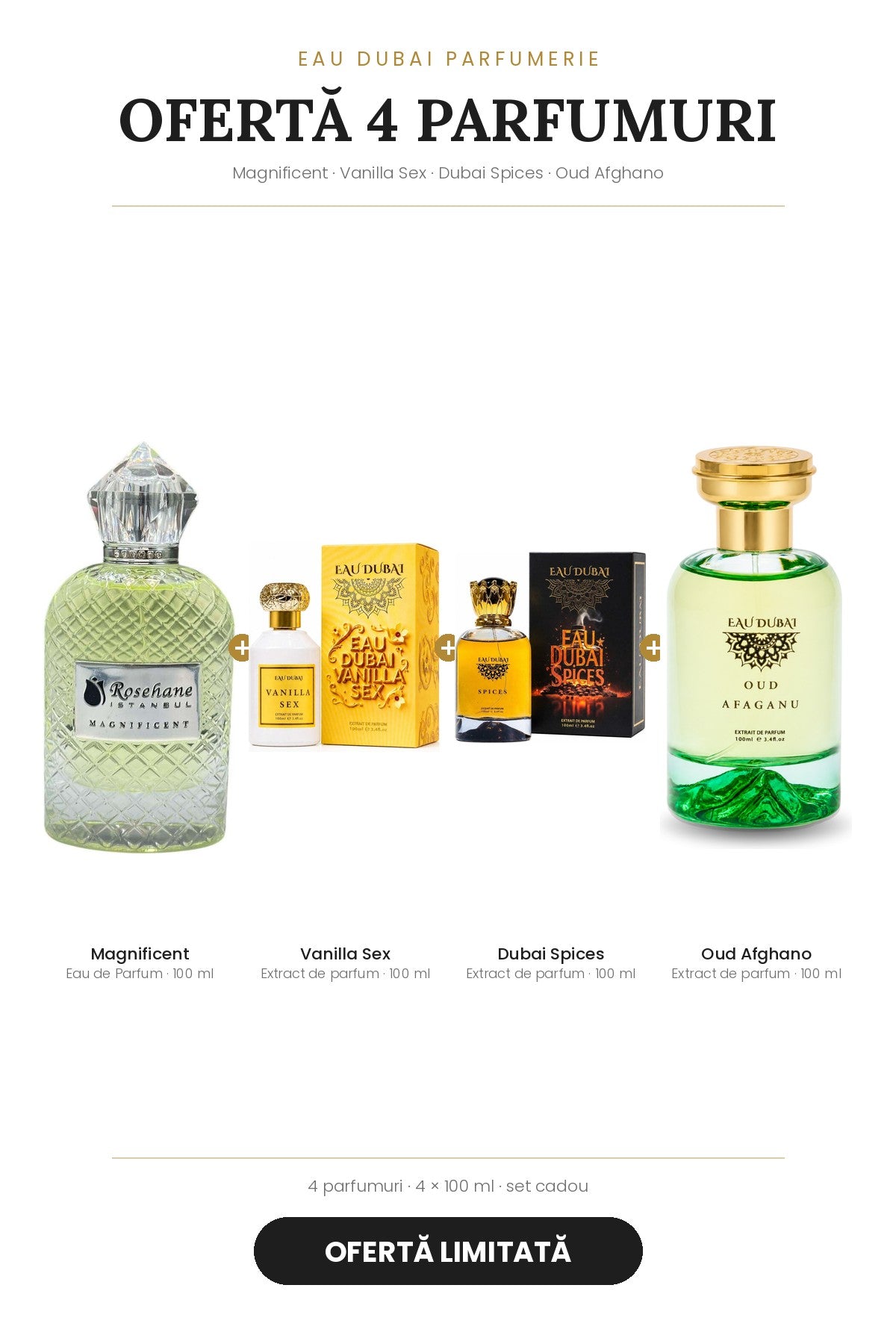 Ofertă 4 parfumuri 100 ml – Magnificent + Vanilla Sex + Dubai Spices + Oud Afghano