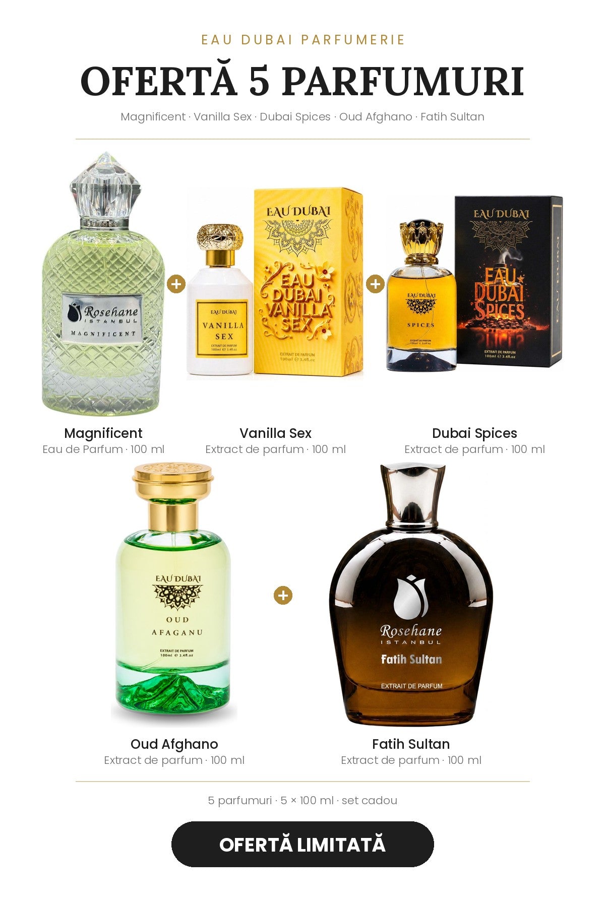 Ofertă 5 parfumuri 100 ml – Magnificent + Vanilla Sex + Dubai Spices + Oud Afghano + Fatih Sultan