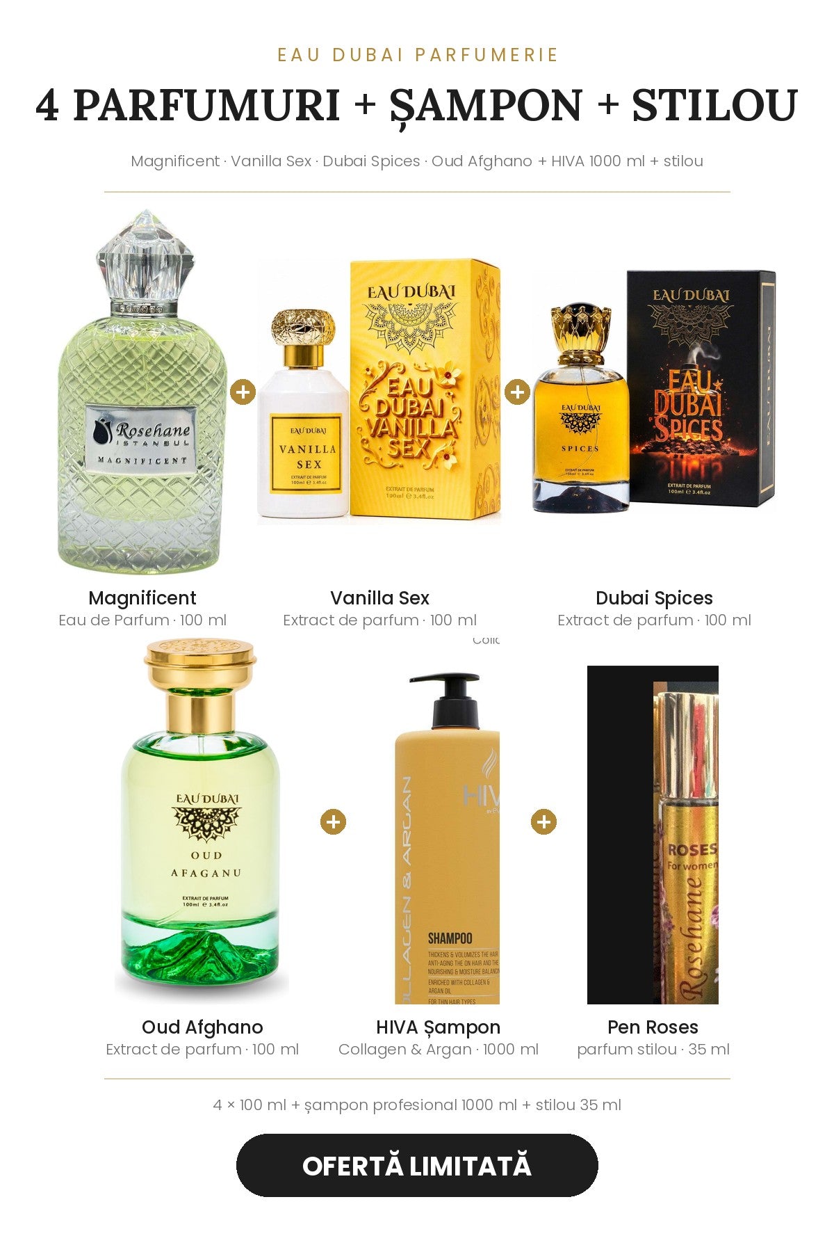 Ofertă 4 parfumuri 100 ml + șampon HIVA 1000 ml + parfum stilou Roses