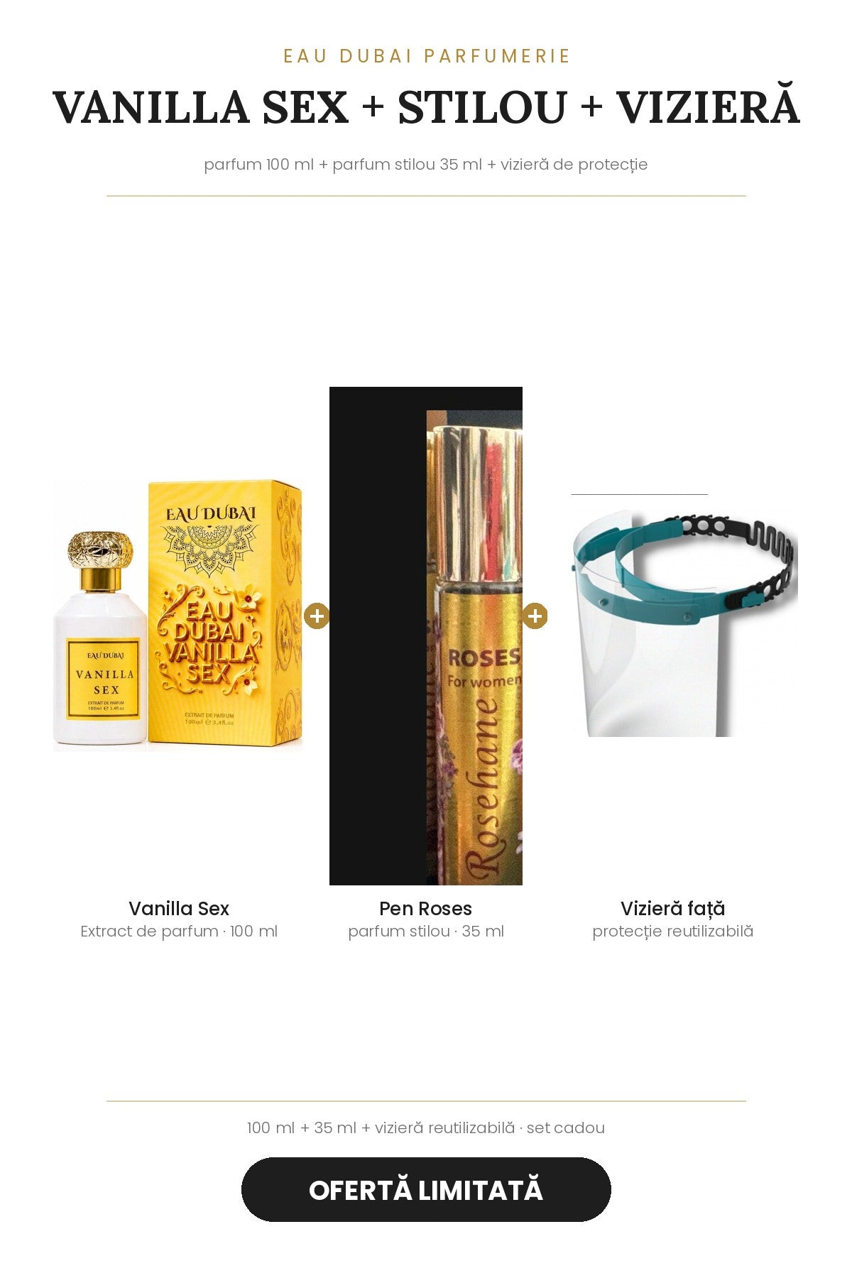 Ofertă Vanilla Sex 100 ml + parfum stilou Roses 35 ml + vizieră de protecție