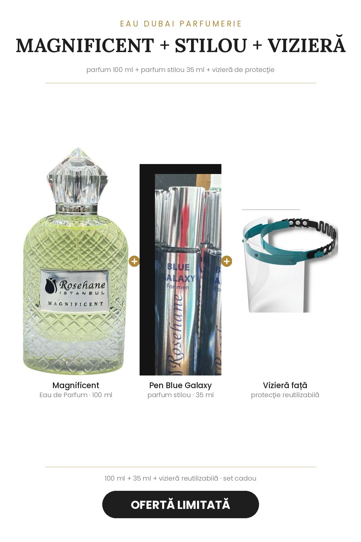 Ofertă Magnificent 100 ml + parfum stilou Blue Galaxy 35 ml + vizieră de protecție