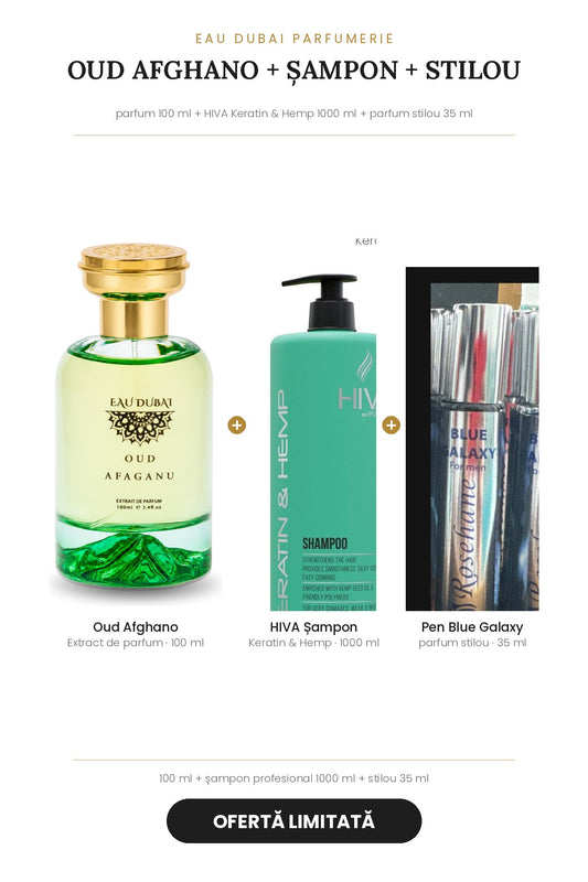 Ofertă Oud Afghano 100 ml + șampon HIVA Keratin & Hemp 1000 ml + parfum stilou Blue Galaxy