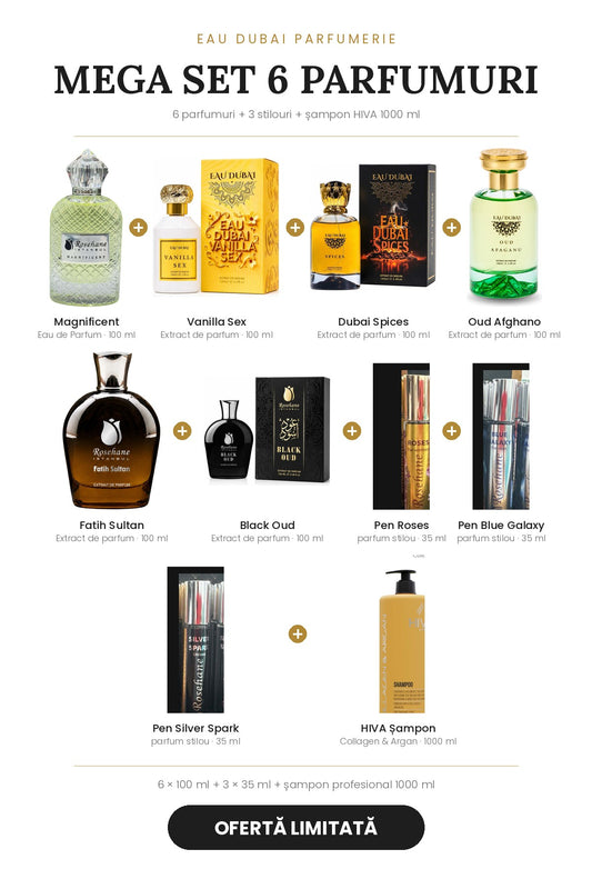 Mega ofertă – 6 parfumuri 100 ml + 3 parfumuri stilou 35 ml + șampon HIVA 1000 ml